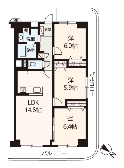 【間取り】 | 新大阪第1グリーンマンション | 3階角部屋・引回しバルコニー付き！71平米超の3LDKリフォーム物件。即お引渡し可能です！