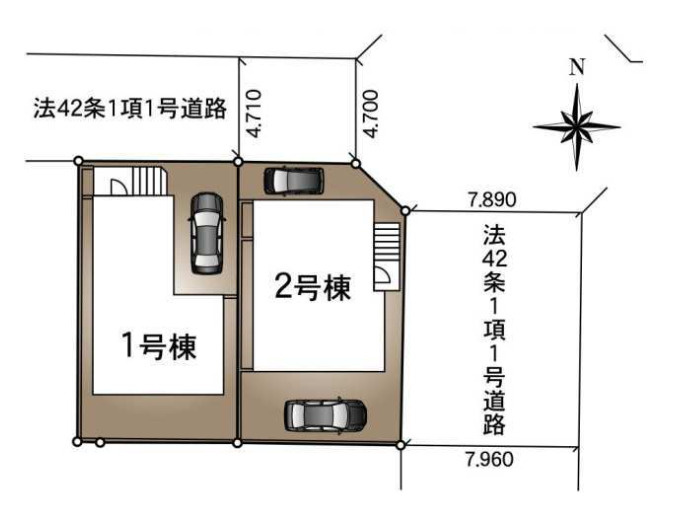 取手市新町第14　新築戸建　2号棟の区画図|計2区画の分譲地。建物配置も無理なく、駐車も快適にできます。