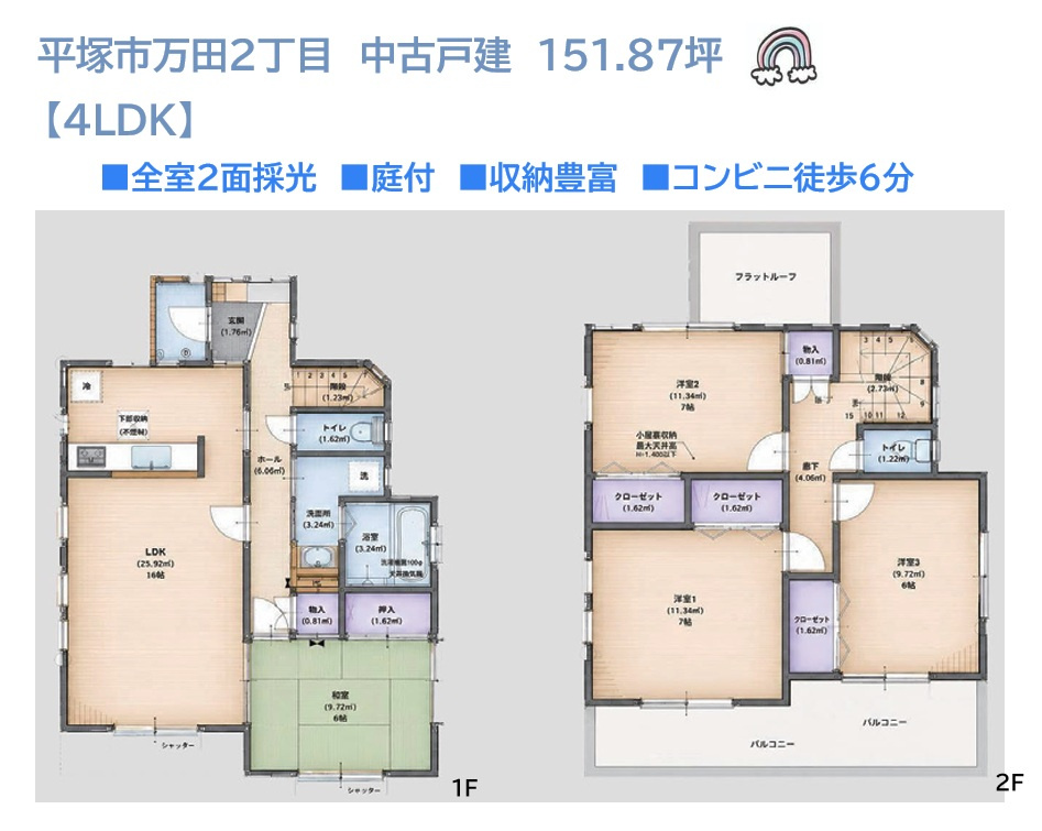 平塚市万田2丁目　中古戸建　151.87坪の間取り|ライフスタイルの変化にも柔軟に対応しやすい4LDKの間取り◎　　　
全室2面採光につき陽当たり＆通風良好です。