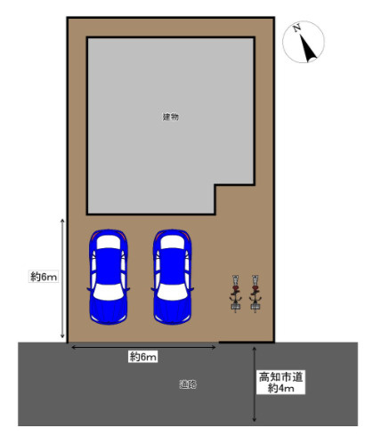 「明るい室内設計が魅力」高知市竹島町　中古一戸建ての区画図|お車をお持ちの方も安心！敷地内に並列で2台駐車可能◎出し入れもスムーズなゆとりある敷地計画です。