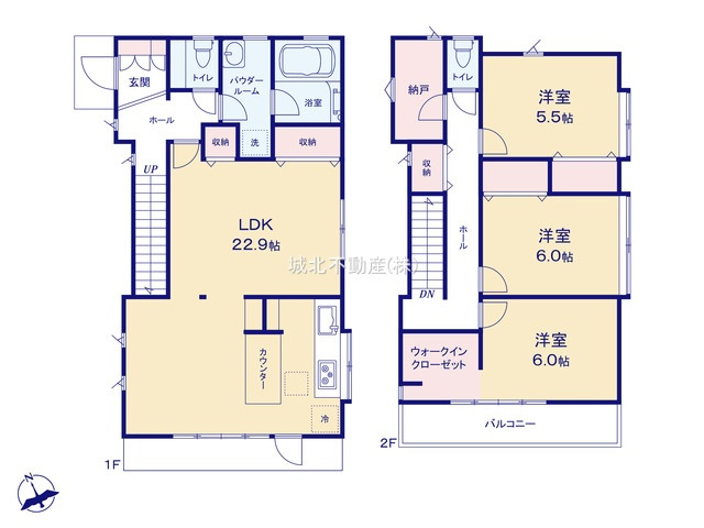 練馬区東大泉7丁目の間取り|建物面積111.85㎡ 2階建て3LDK+S
LDKは広々22.9帖 WICなど収納も豊富な間取りです