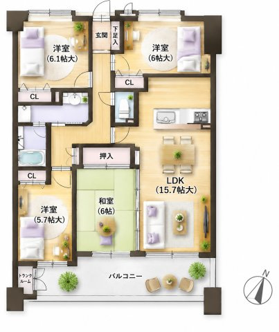 【間取り】 | アンピール海の中道アクアヴィラ☆仲介手数料無料☆ | ※本図に表示されている家具・家電・照明・インテリア・観葉植物等は、AIによる配置イメージです。実際には設置されておらず、売買対象にも含まれません。図面と現況が相違する場合は、現況を優先いたします。