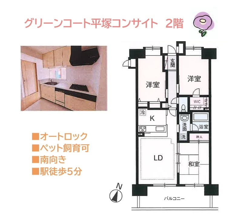 【現地画像あり】グリーンコート平塚コンサイトの間取り|南向きにつき陽当たり良好◎幅広い世代に馴染む3LDKの間取り。　　
WIC・オートロックなど設備面も充実しております。