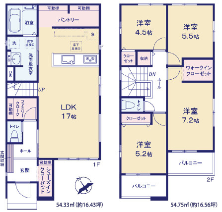 稲敷郡阿見町56期　新築戸建の間取り|対面キッチンからリビング全体を見渡せる設計。お子様を見守りながら安心して家事ができます。