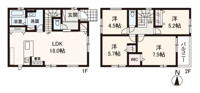 【間取り】 | Re・Terrechez堺市美原区北余部1期　2号棟 | 収納力、快適な動線が魅力の4LDK新築戸建！カースペース2台分有(車種による)。物件に関するお問い合わせはお気軽にどうぞ。