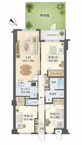【間取り】 | シティパル柿生　ペット飼育可/18㎡の専用庭/下階なし/柿生駅14分/2駅2路線利用可