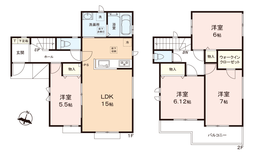 富士見市水谷東３丁目の新築一戸建の間取り|長く安心して暮らせる長期優良住宅！
水回りが集中していて家事動線も楽々です。
