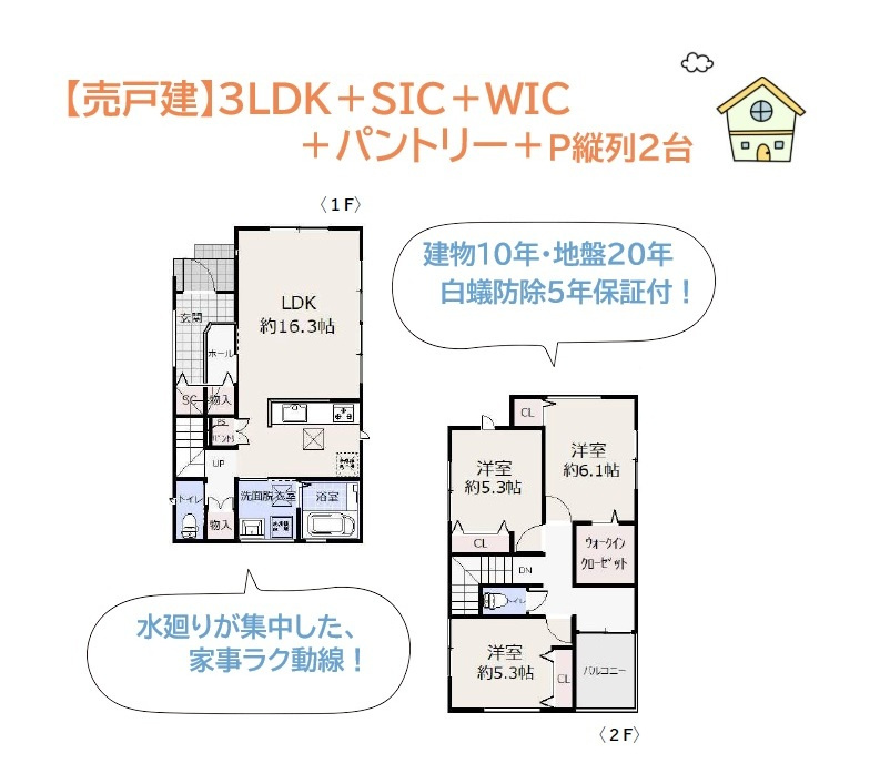 【現地画像あり】伊勢原市岡崎№1　新築戸建　全１棟の間取り|広々としたリビングに独立した3つの居室を併せ持つ3ＬＤＫ◎　
全室収納に加え、キッチンには「パントリー」メイン居室には「ＷＩＣ」を完備◎
収納にもゆとりがございます♪