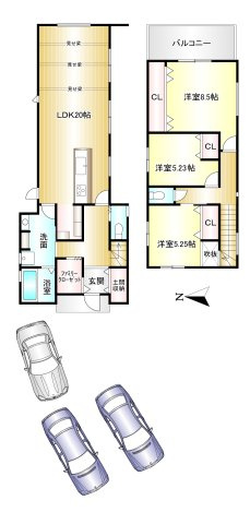 葛城市中戸 全5区画 2号棟の間取り|3LDK　土地面積：201.31ｍ2　建物面積：105.16ｍ2　駐車3台可