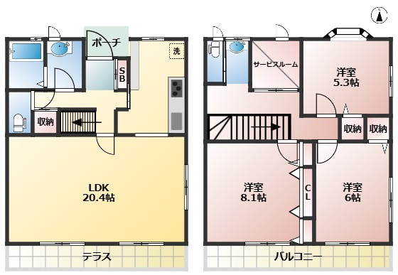 八雲テラスハウス　ネット無料　ペット相談　3方角部屋の間取り