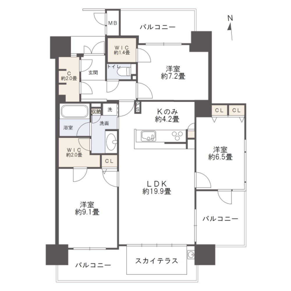 ロイヤルガーデン中山下弐番館の間取り|専有面積：97.20㎡、3LDKです。東南角部屋、シューズクローク、ウォークインクローゼット等収納豊富な間取りです。