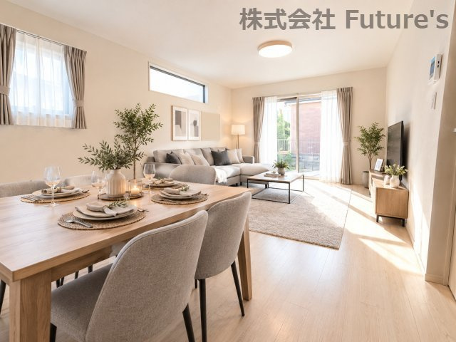 松伏町松伏　新築戸建　全9棟　9号棟の居間・リビング|現況の物件写真にCGによる画像処理を行っています。家具、家電、小物、カーテン等はイメージはCGです。