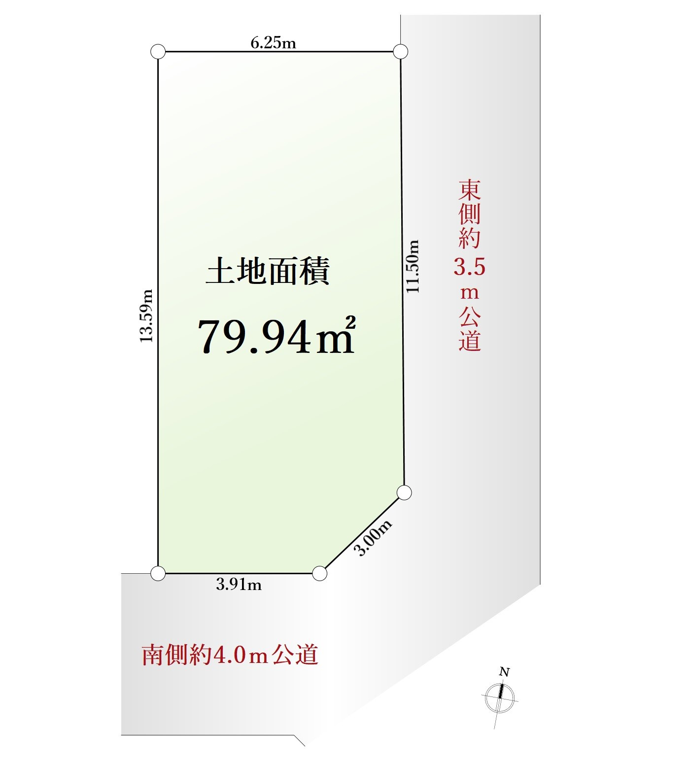 練馬区田柄1丁目 限定1区画の土地図|土地面積79.94㎡　整形地
南側約4.0ｍ公道×東側約3.5ｍ公道
建築条件なし売地