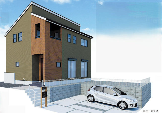 八王子市宇津木町　新築分譲住宅1棟の外観パース|南側道路に面した明るい日差しが届く住まいです。前面道路は幅6mと余裕があり、車2台分のカースペースを備えております。お車の駐車やすれ違いもスムーズに行えるため、毎日の車での外出や送迎も快適です。