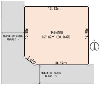 道路幅員各5ｍの南西角地のため日当たり良好