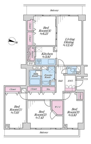 ヴィルヌーブ南越谷Ａ棟の間取り|4LDK 専有面積101.79m2　バルコニー面積18.95m2　
全居室に収納を備えた機能的な間取りで、ご家族一人ひとりがのびのびと快適に暮らせる理想的な住空間を実現しました。
