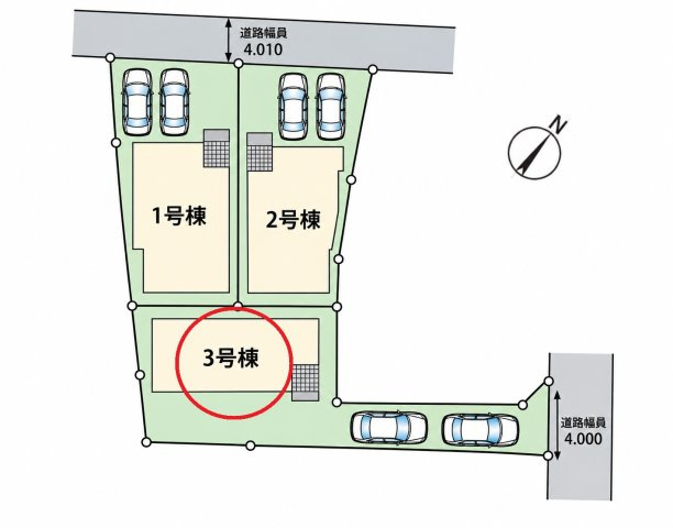 仲介手数料無料　鴻巣市人形４丁目3-45　新築戸建　全３棟の区画図
