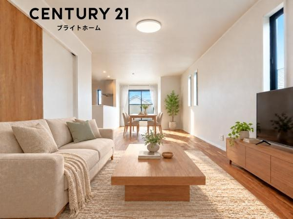 横浜市神奈川区羽沢町の新築一戸建の居間・リビング|自慢したくなるリビング！
形も良く家具の配置にも困りません。
※家具等はCGでの参考レイアウトです。