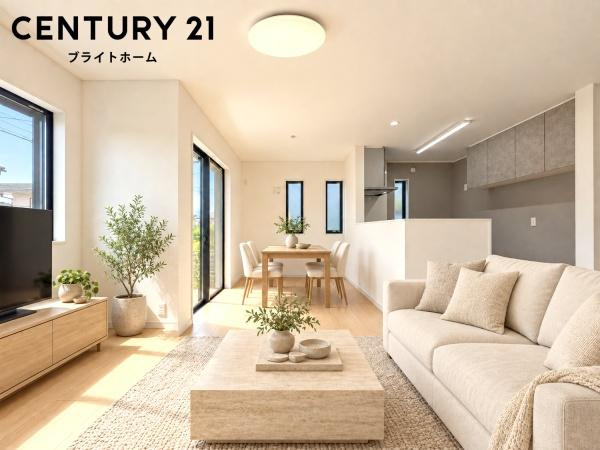 横浜市戸塚区平戸町の新築一戸建の居間・リビング|自慢したくなるリビング！
形も良く家具の配置にも困りません。
※家具等はCGでの参考レイアウトです。