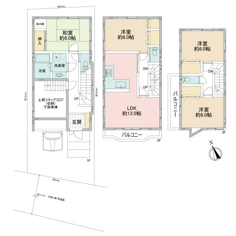 江戸川区南小岩4丁目中古住宅の間取り|全室6帖以上の4LDK＋スキップフロア収納＋カースペース。南西道路につきまして日当たり・通風良好。