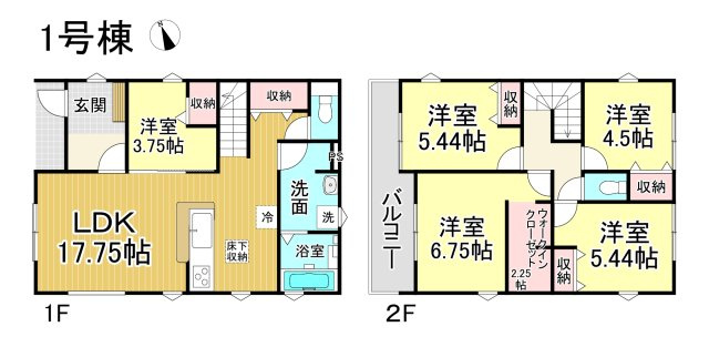 【未完成物件　同施工物件ご案内可能】知多市にしの台 全5棟 　の間取り|【1号棟】5LDK、土地面積:154.51㎡、建物面積:105.99㎡