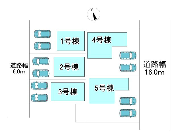 【未完成物件　同施工物件ご案内可能】知多市にしの台 全5棟 　の区画図|全体区画数｜全5棟
◆駐車2台可能！(但し、車種による)
◎まずは、お気軽にお問い合わせください。現地を案内しながら周辺環境も見て頂けます。