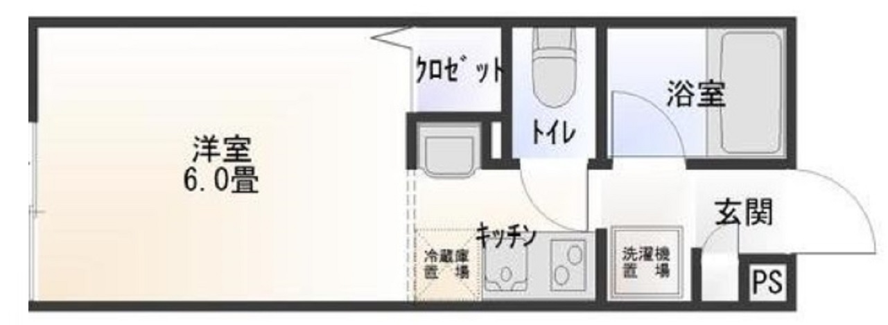 デュオメゾン蒲田の間取り|間取り　南西向きバルコニーの1K洋室6帖バストイレ別独立洗面台！