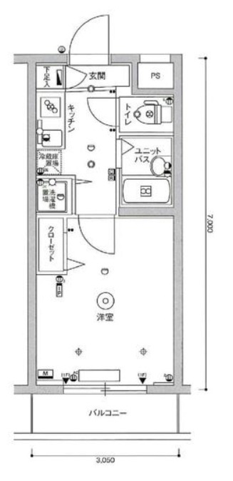 スカイコート蒲田弐番館の間取り|西向きバルコニー洋室6.4帖の1Kバストイレ別