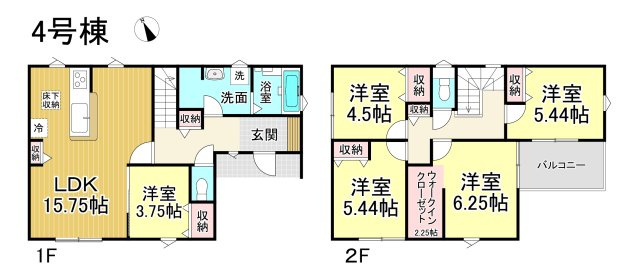 【未完成物件　同施工物件ご案内可能】知多市にしの台 全5棟　の間取り|【4号棟】5LDK、土地面積:178.92㎡、建物面積:105.78㎡