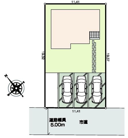 前橋市富士見町原之郷　新築戸建て　1号棟の区画図|駐車場3台ご用意しています！並列駐車なので車の出し入れもしやすいですよ！

