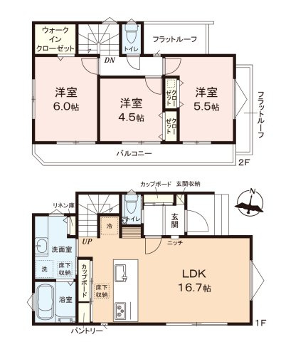 富士見市羽沢２丁目の新築一戸建の間取り|日当たり良好、全居室南向きの明るい3LDK！