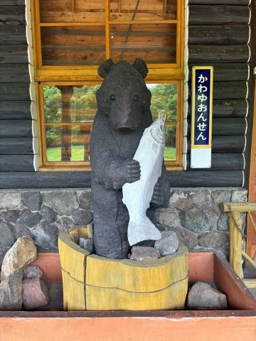 【川湯駅前】駅近×150坪！緑豊かな環境で叶えるスローライフの周辺|鮭を抱えた木彫り熊が訪れる人を温かく迎えるお出迎えスポット。