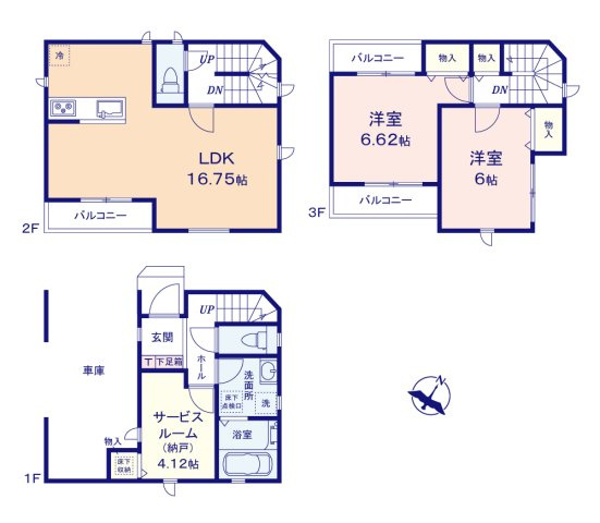 ふじみ野市北野２丁目の新築一戸建の間取り|プライバシーも安心の2階リビングは16帖以上の広さ。
ビルトインガレージ付きで大切なお車も安心です。