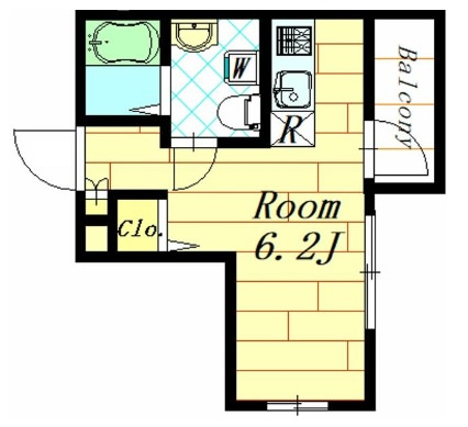 ロータス糀谷の間取り|間取り　東向きバルコニー東南角部屋の1R洋室6.2帖バストイレ別独立洗面台
