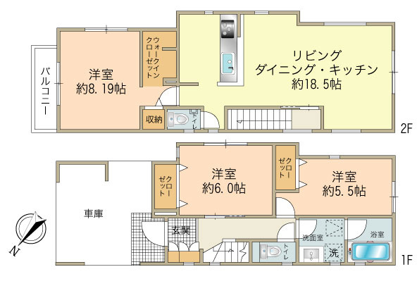 1号棟（3580万円、敷地面積：86.91㎡、建物面積：108.47㎡、車庫面積：12㎡）