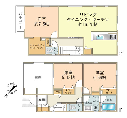 2号棟（3680万円、敷地面積：80.09㎡、延床面積：103.99㎡、車庫面積：13.42㎡）