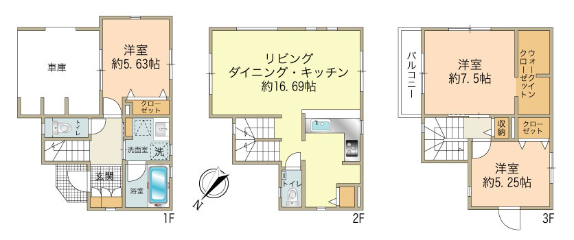 3号棟（3450万円、敷地面積：71.13㎡、延床面積：103.40㎡、車庫面積：10.86㎡）