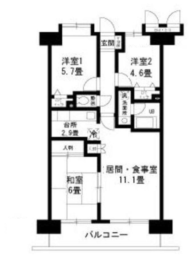 JOSハイツ多摩川の間取り|南向きバルコニ―の2SLDK