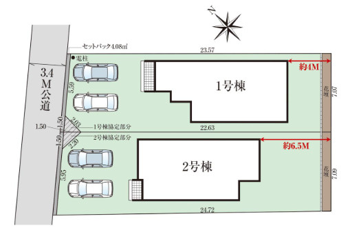 「20.5帖の大空間LDK」高知市潮新町2丁目2期2棟　2号棟新築一戸建ての区画図|各棟並列駐車2台可能◎前面道路や敷地形状、お隣との距離感をご確認いただけます。