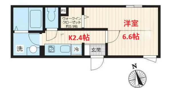 【間取り】 | カーサ ローレル | 洋室6.6帖　K2.4帖　・ネット使用料無料
