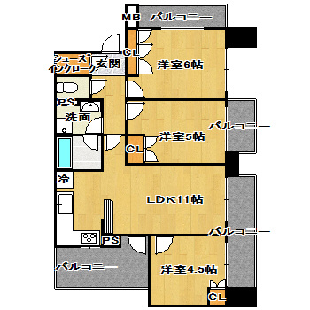 【間取り】 | スカイグランデ船橋宮本 | オール洋室振り分けタイプのお部屋です