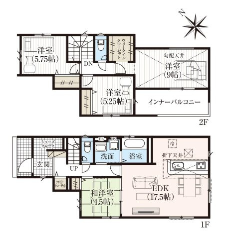 高知市潮新町2丁目　新築戸建  1号棟　（全2区画）　の間取り|4LDK+FC+WIC＋SC　
建物面積　113.03㎡（約34.19坪）１階　57.55㎡　2階　55.48㎡
※インナーバルコニー　9.10㎡含