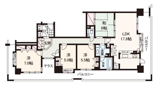 【間取り】 | グレイスランドマーク堺・光明池 | 3階・南西向きの角住戸！三面引回しバルコニー付き、ゆったり4LDK！専用駐車場1台無料(車種による)。