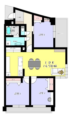 サンライフ霧ケ丘Ⅱー3LDKー【小倉北区　中古マンション】の間取り|永く使いやすいシンプルな配置の間取り♪【小倉北区中古マンション】