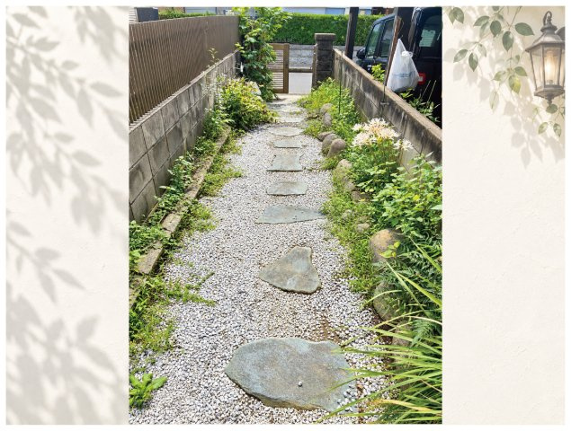 足立区辰沼１丁目売戸建のその他|緑に囲まれた飛び石のアプローチ。自然の趣を感じながら玄関へと続く、どこか懐かしく心安らぐ住まいの入口です。