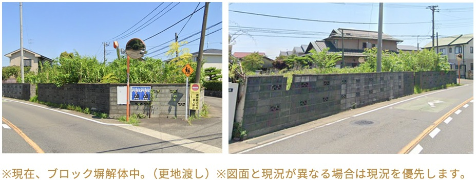 平塚市小鍋島　全2区画　B区画の前面道路含む現地写真|工事進行がスムーズ！更地渡し◎現在、ブロック塀解体中。
小・中学校徒歩圏！バス停徒歩1分と近くバス移動がしやすいエリアです。
