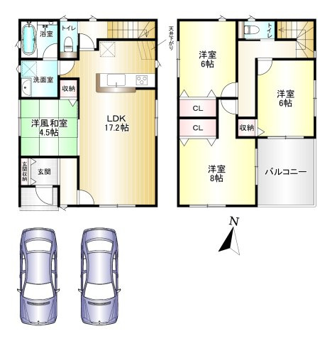 香芝市下田西第2　 １号棟 の間取り|4LDK　土地面積：148.72㎡　建物面積：106.1㎡　駐車スペース2台