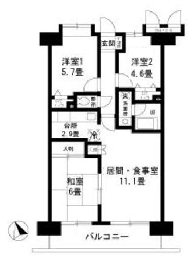 JOSハイツ多摩川の間取り|間取り　南向きバルコニ―の3LDK