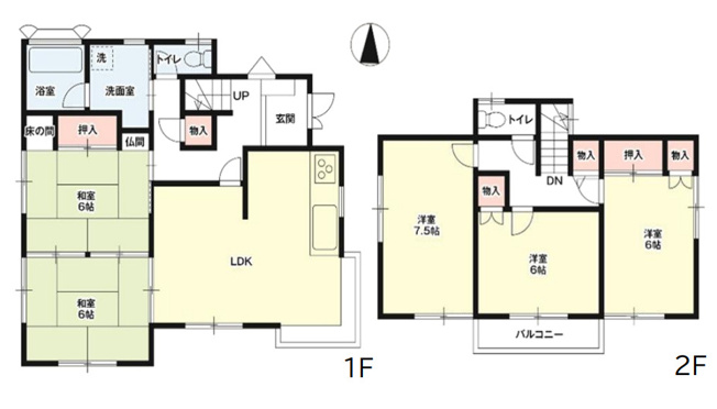 【間取り】 | 佐波郡玉村町福島　中古住宅 | 1階に続き間として使える続き和室を備え、2階には洋室が3部屋ある4LDK。各階にトイレや豊富な収納を配置し、使い勝手の良さとゆとりある居住空間を両立した快適な間取りです。