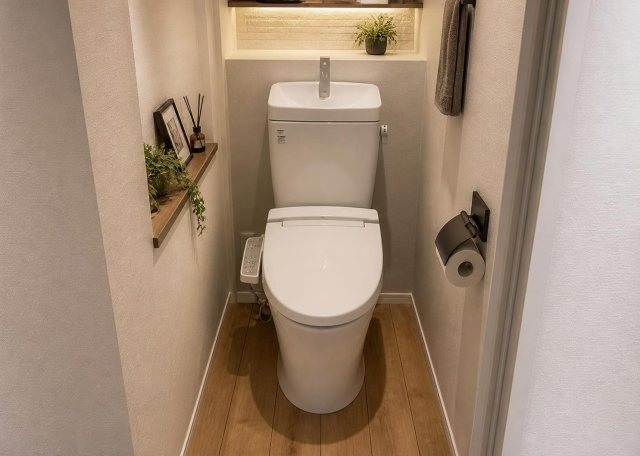 【トイレ】 | 成瀬台新築戸建 | 快適な温水洗浄便座が設置された衛生的なトイレです。本物件は各階に１ヶ所ずつ合計２ヶ所のトイレが備わっているため、朝の通勤・通学時間帯など家族の利用が重なる混雑時にも安心で非常に利便性が高い仕様です。